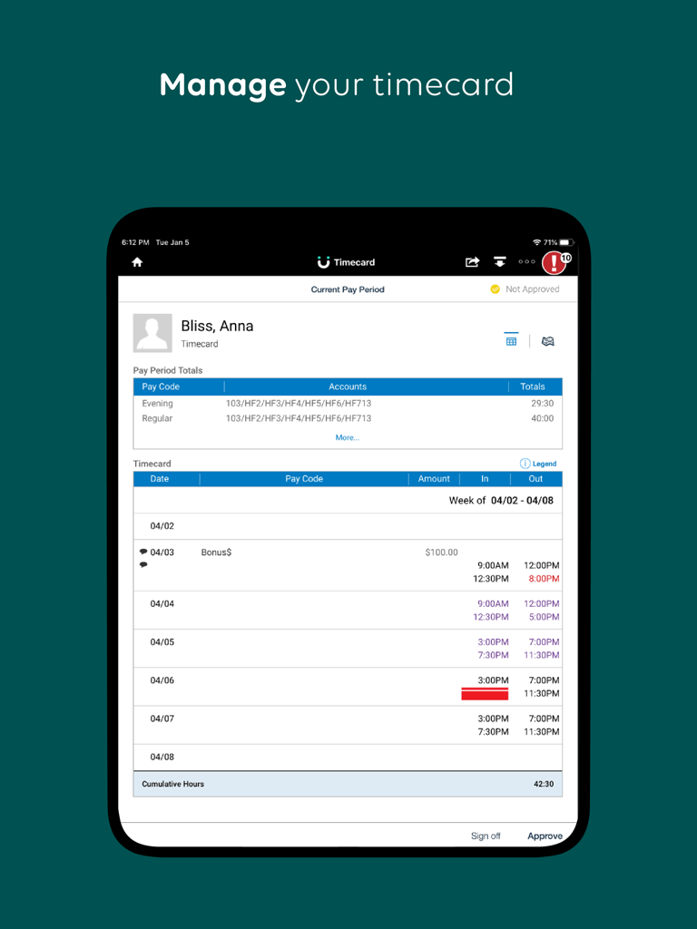 Uma tela de tablet exibindo um cartão de ponto detalhado do funcionário com horários de turno, códigos de pagamento e totais semanais no aplicativo UKG Workforce Central.