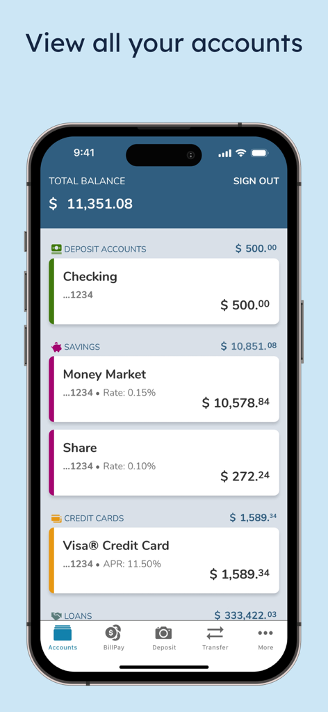 SECU - SECU mobile app dashboard showing account balances for checking savings and credit cards