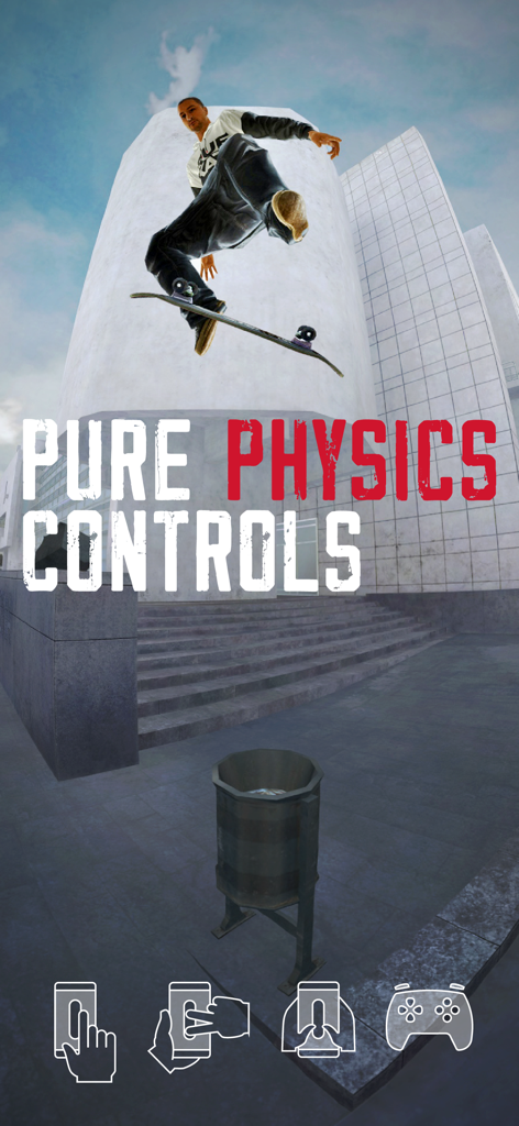 True Skate - Um skatista executando uma manobra aérea em um cenário urbano com um texto sobreposto enfatizando os controles de física puros.