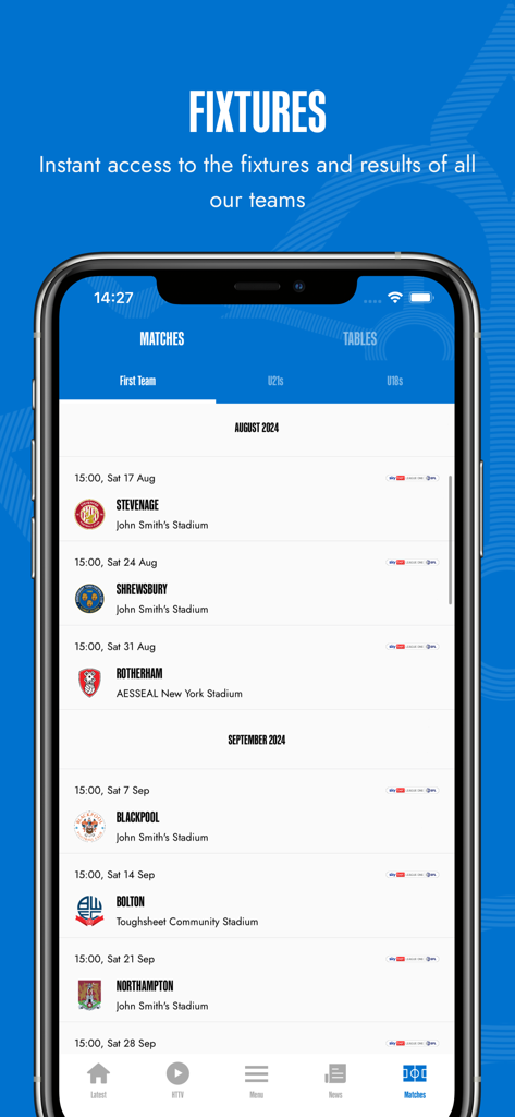 Huddersfield Town AFC - Schermata degli incontri dell'app dell'Huddersfield Town AFC che mostra le prossime partite della prima squadra e il calendario