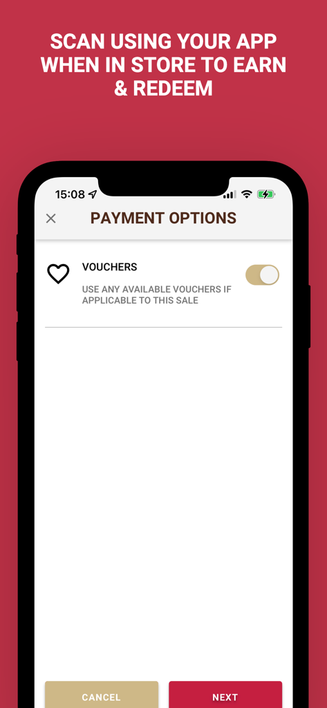 Chateau Gateaux app payment options screen with a toggle to apply available vouchers for in-store purchases