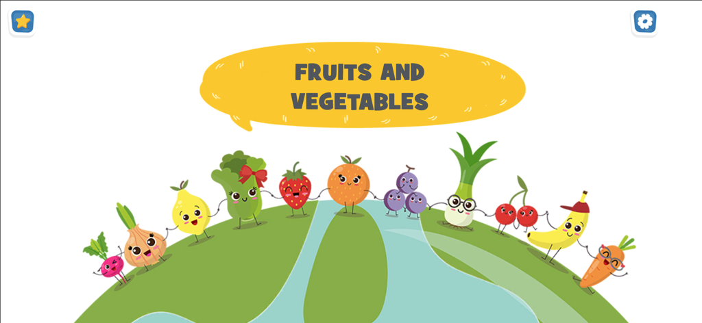 Frutas y verduras de dibujos animados con caras lindas cogidas de la mano en una colina verde