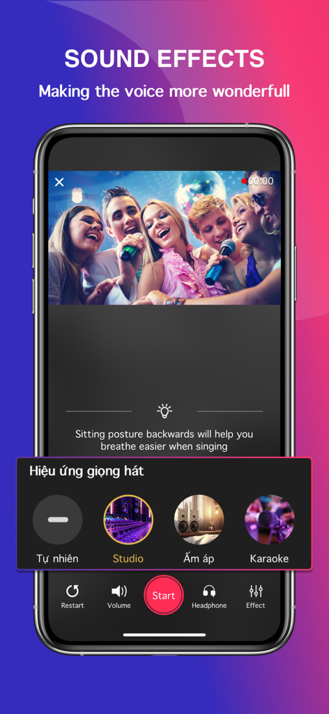 Interface of the Hakara karaoke app showing real-time audio effects including Studio, Natural, and Karaoke room settings.