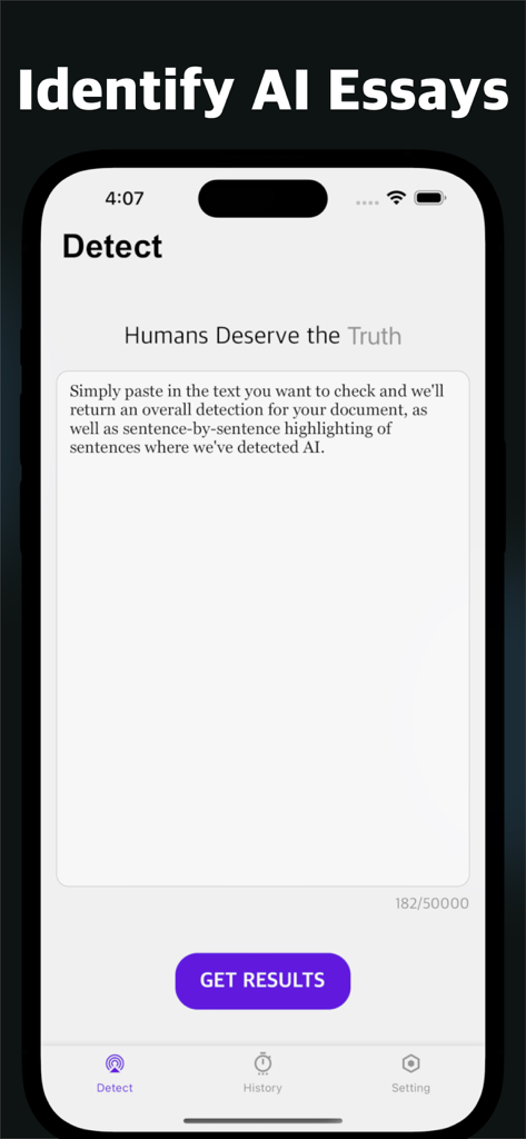 AIZero - AI Detector - AIZero mobile app interface showing a text input area to identify AI authored essays