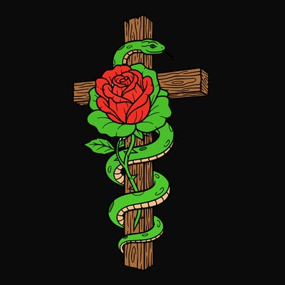 a rose with a snake wrapping around a realistic cross