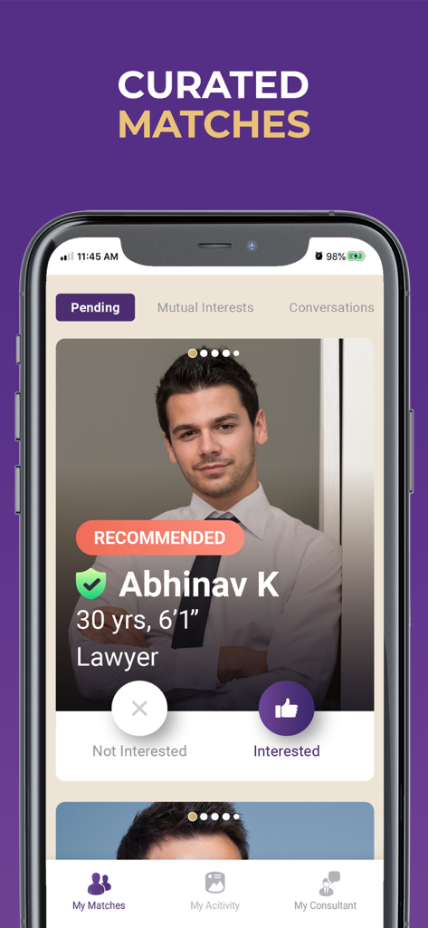 Mobile app interface of VIPShaadi showing a recommended profile of a professional curated match