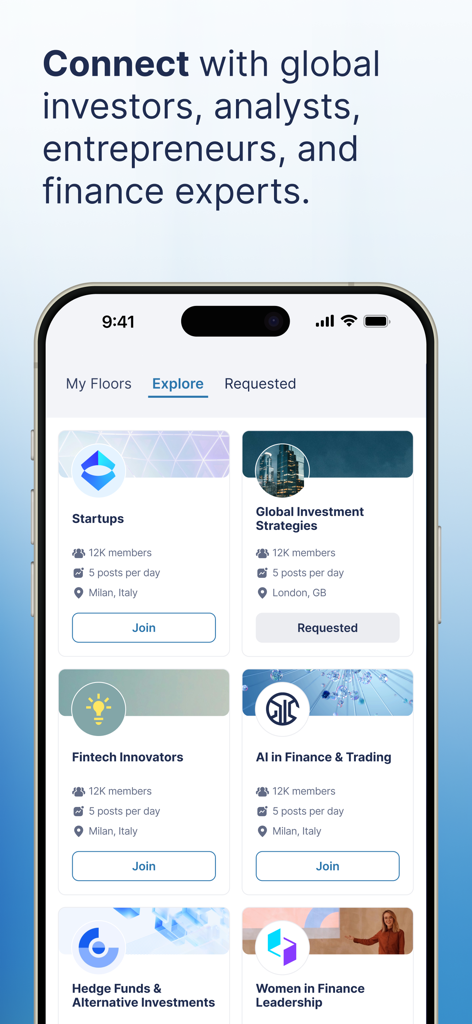 UCapital - Explore screen of UCapital app showing global finance and investment communities to join