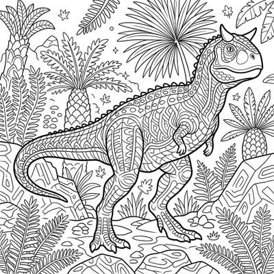 Step into the Mesozoic Era with our captivating Carnotaurus coloring page, featuring this distinctive horned theropod in a lush prehistoric setting. Its intricate patterns and detailed background offer an exciting challenge for colorists of all ages.