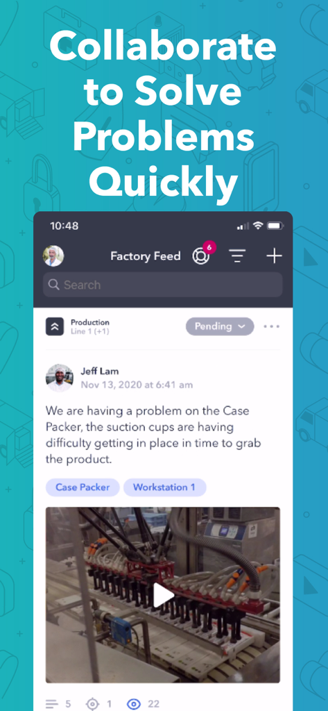 Poka App - Interfaccia dell'app Poka che mostra un post nel feed di fabbrica in cui un lavoratore segnala un problema alla macchina con un video.