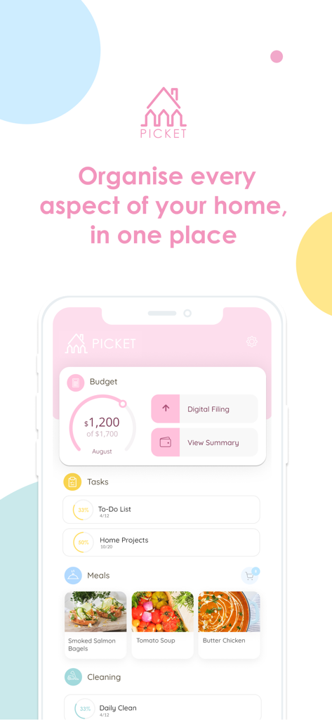 Picketアプリのダッシュボード。家事管理のための予算、タスク、食事、掃除の機能が表示されています。