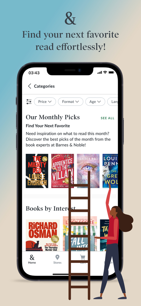 Barnes and Noble mobile app showing curated monthly book recommendations and categories.