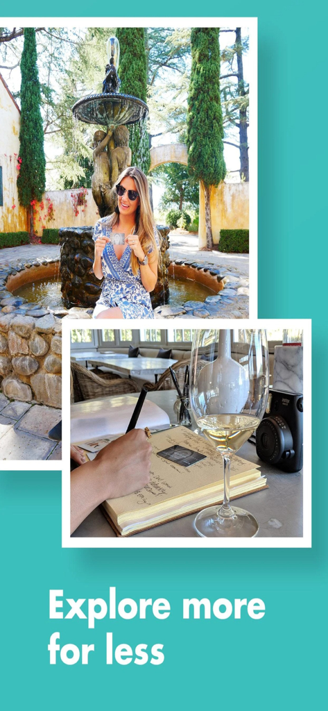 Priority Wine Pass - A woman at a winery fountain holding a membership card and a close up of a wine glass with a travel journal