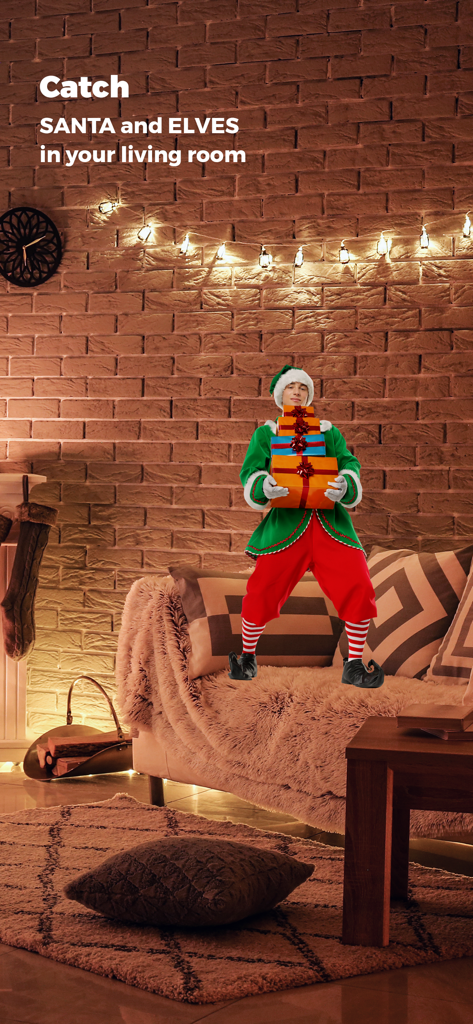 Catch Santa Claus in My House - An elf holding Christmas gifts on a sofa in a cozy living room