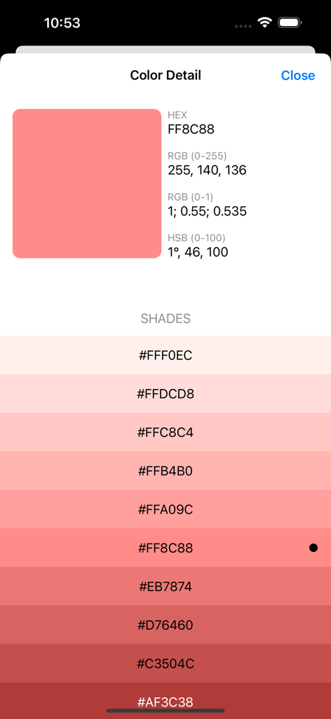 Color Scheme & Wheel - HEXコードと単色シェード付きの詳細なカラー情報表示するモバイルアプリのインターフェース