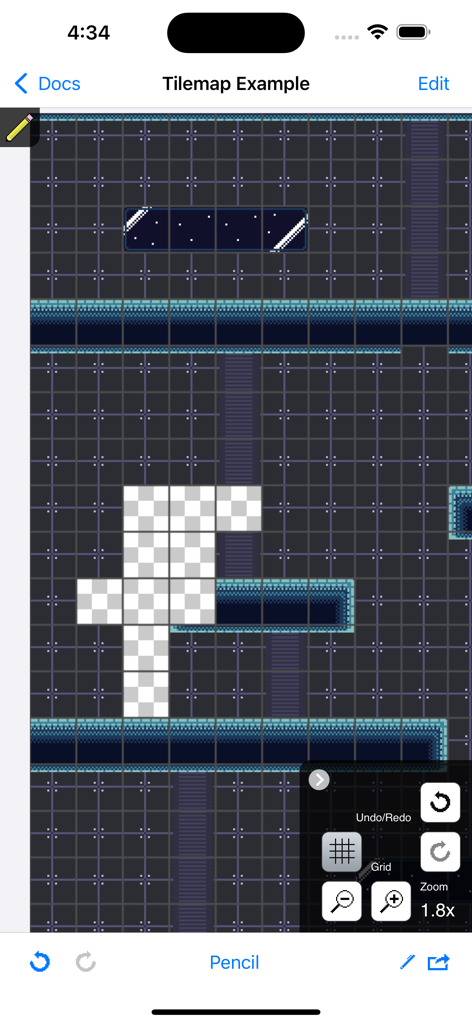 Sprite Something 앱의 인터페이스로, 픽셀 아트 타일맵 편집기와 그리드, 레벨 디자인 도구가 보임