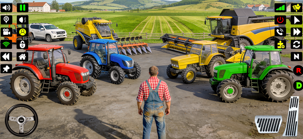 Farming Tractor Game Simulator - A farmer standing in a farm yard surrounded by various colorful tractors and heavy machinery in a 3D simulation game.