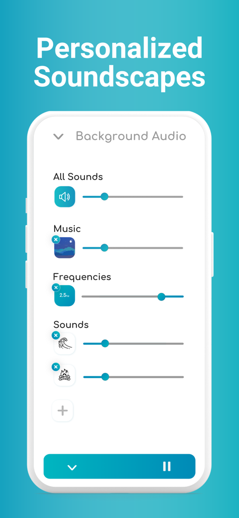 Selfpause: Your AI Life Coach - Oberfläche der Selfpause-App, die personalisierte Soundscape-Einstellungen für Hintergrundaudio zeigt