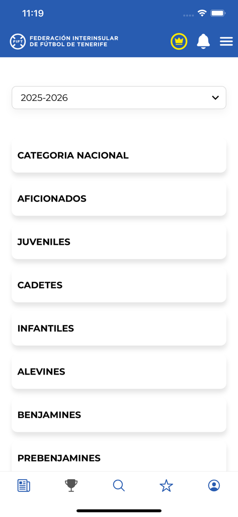 FIFT APP - FIFT app interface showing a list of soccer categories for the 2025-2026 season