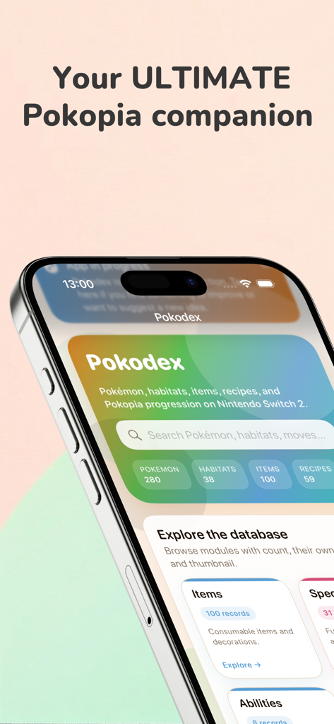 Pokodex app home screen showing search and database categories for Pokopia.
