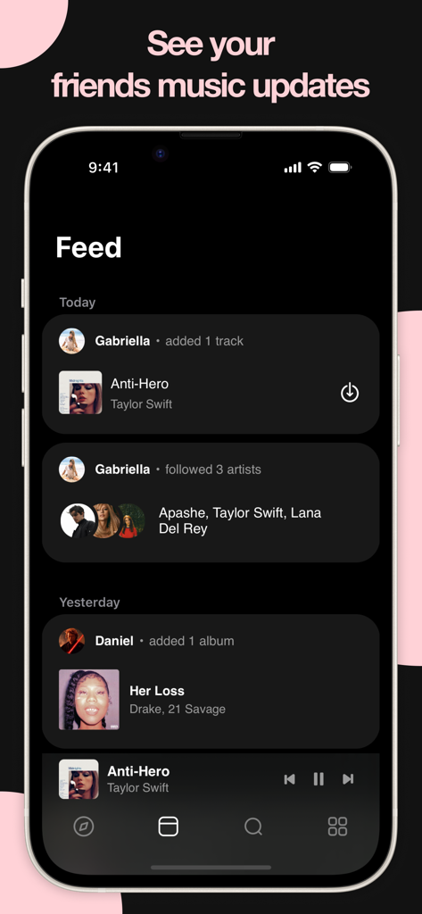 Interface of PewPee music player showing the social feed with friends music updates
