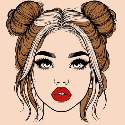 realistic girl with two buns on her hair and lips
