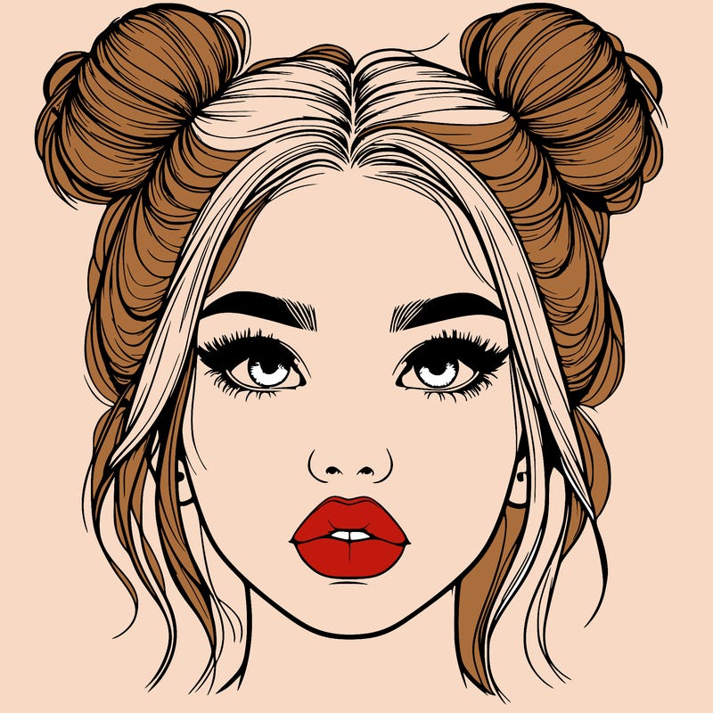 realistic girl with two buns on her hair and lips