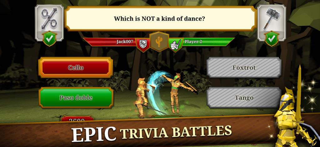 A gameplay screenshot of Triviador showing a trivia question about dance styles during an epic battle between two knight characters.