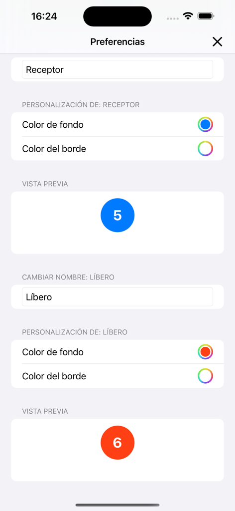Pantalla de configuración para personalizar los colores y nombres de los jugadores de voleibol en la app Rotaciones Voleibol.