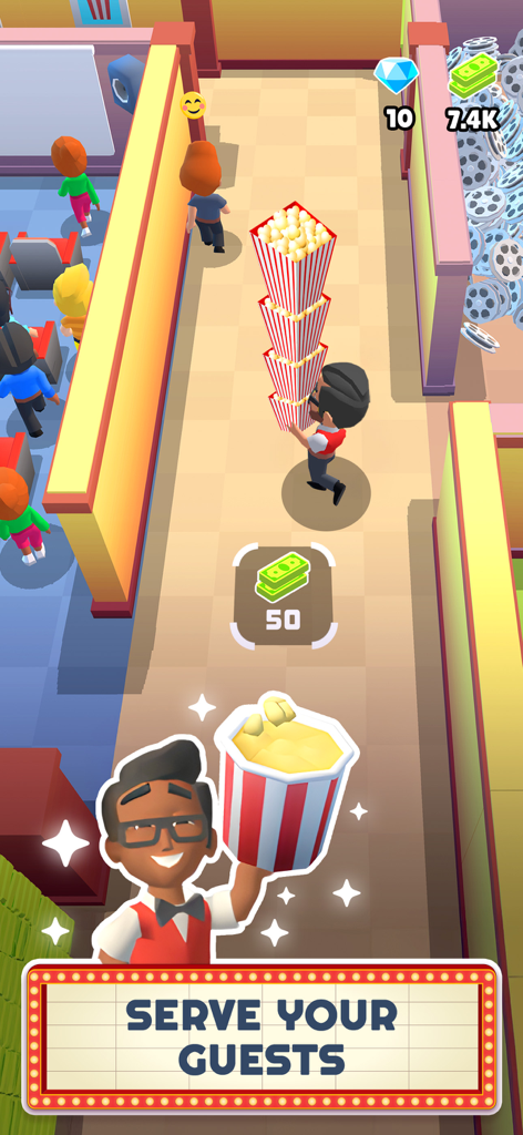 My Cinema World - Um personagem carregando uma pilha de baldes de pipoca no corredor do jogo Meu Mundo do Cinema