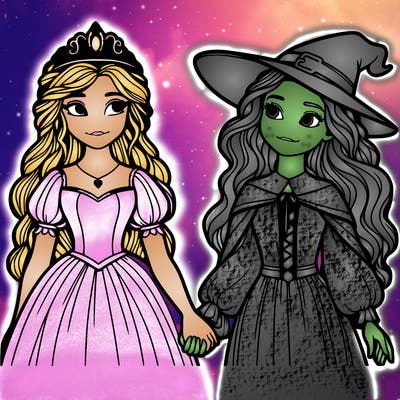 a princess and a witch holding hands realistic