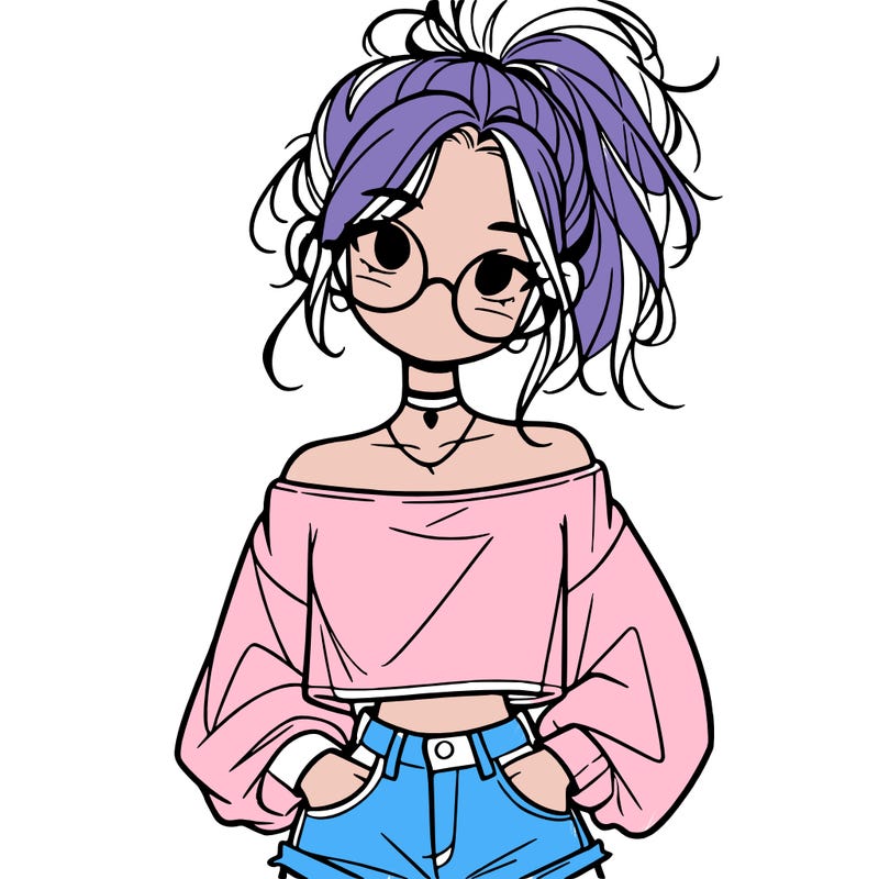 girl with a messy ponytail glasses a baggy crop top and jean shorts