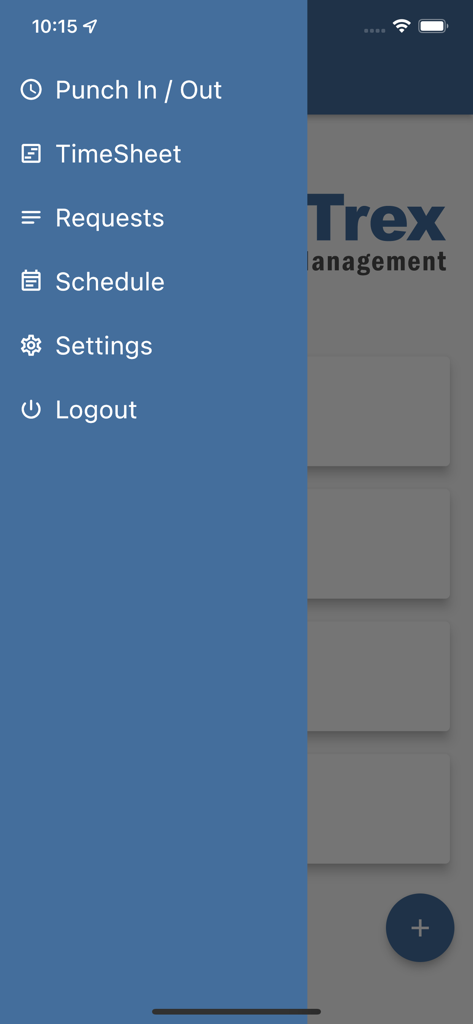 TimeTrex - TimeTrex mobile app side navigation menu with options for punch in out, timesheet, requests, schedule, and settings.
