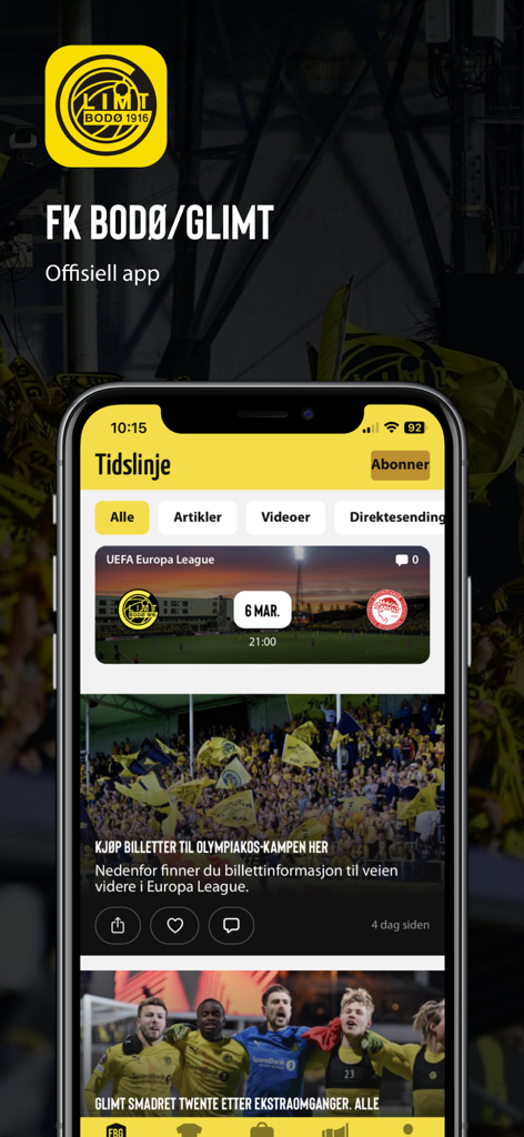 FK Bodø/Glimt - Ligne de temps de l'application officielle de football FK Bodo Glimt présentant des nouvelles, des mises à jour de match et des photos de joueurs