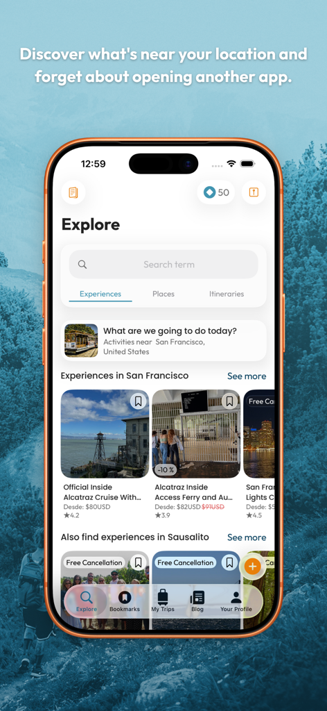 TripPlanny: Plan your trip - Pantalla de exploración de TripPlanny que muestra experiencias de viaje y tours seleccionados en San Francisco.