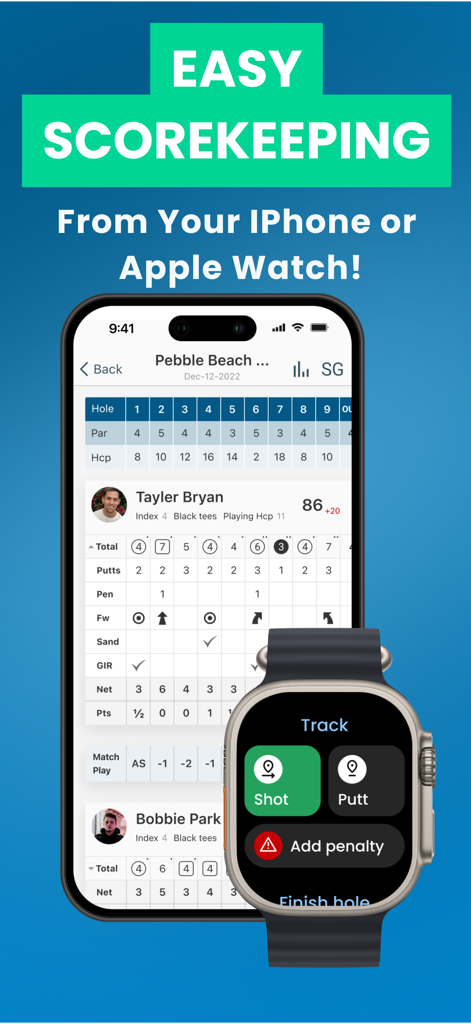Golf Pad GPS Range Finder - 골프 패드 GPS 앱 인터페이스는 iPhone 및 Apple Watch의 디지털 점수 기록을 보여줍니다.