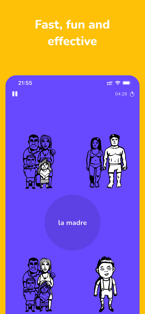 A screenshot of the Elingo language learning app showing a visual game for learning Spanish vocabulary with character illustrations.