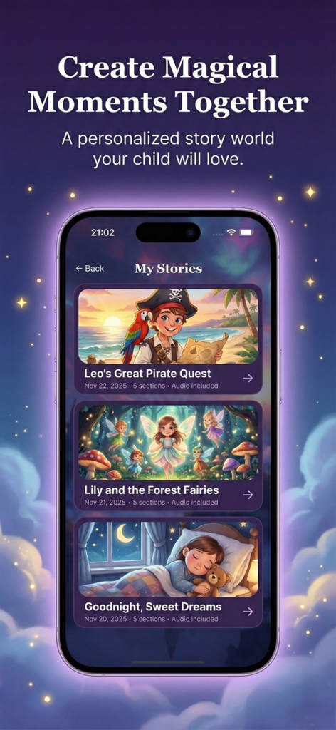 TaleHero: Bedtime Stories - iPhone画面に、Leo's Great Pirate QuestやLily and the Forest Fairiesのようなパーソナライズされたおやすみストーリーのタイトルが表示されたTaleHeroアプリライブラリが表示されている