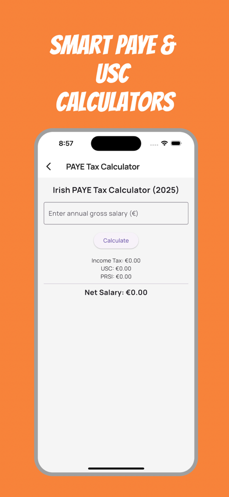 Interface of the Irish PAYE and USC tax calculator showing 2025 budget calculations