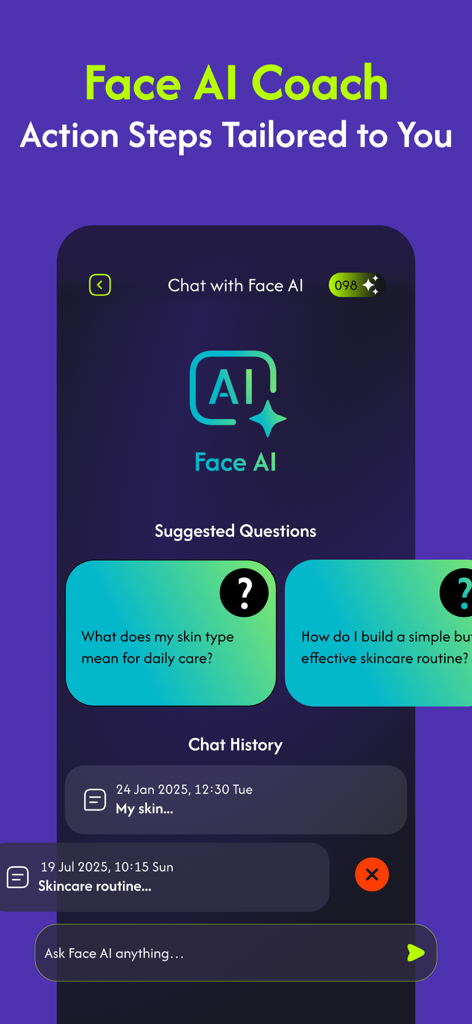 FaceYourself: AI Face Analysis - パーソナライズされたスキンケアのアドバイスとチャットインターフェースを備えたFaceYourselfアプリのFace AI Coach画面