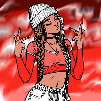 realistic teenage girl with braids and a beanie and crop top doing 🫶🏼