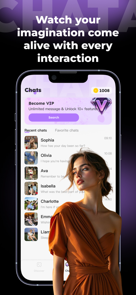 Chata-Fantasy AI Roleplay - A mobile interface of the Chata app showing a list of AI characters available for fantasy roleplay and chat.