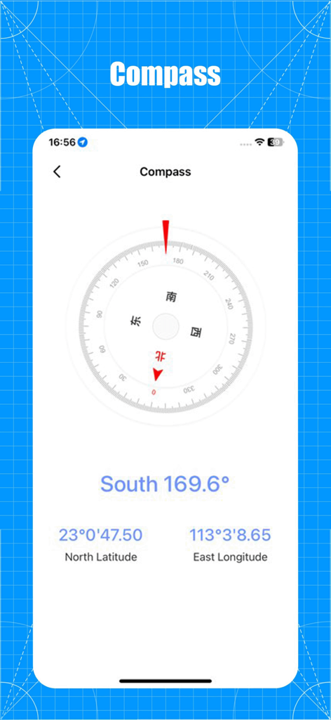 Measure-ruler&level tool - Interfaz de brújula digital que muestra la dirección sur con coordenadas de latitud y longitud