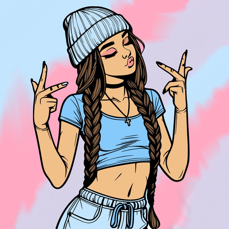 realistic teenage girl with braids and a beanie and crop top doing 🫶🏼