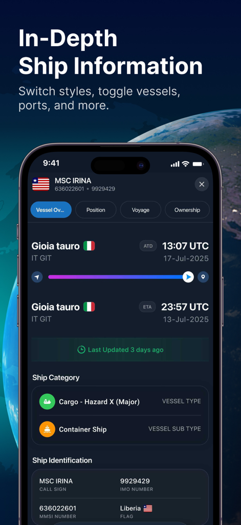 MarineRadar・Vessel Finder - In depth vessel information screen for a container ship showing port times and technical specifications