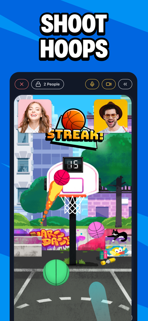 A mobile screen showing two friends video chatting while playing a basketball mini game in the MiniParty app