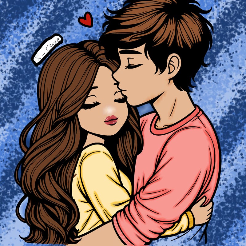 a realistic couple boy and girl hugging and kissing