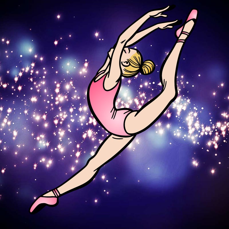 gymnast doing a leap in a leotard with a bent back leg