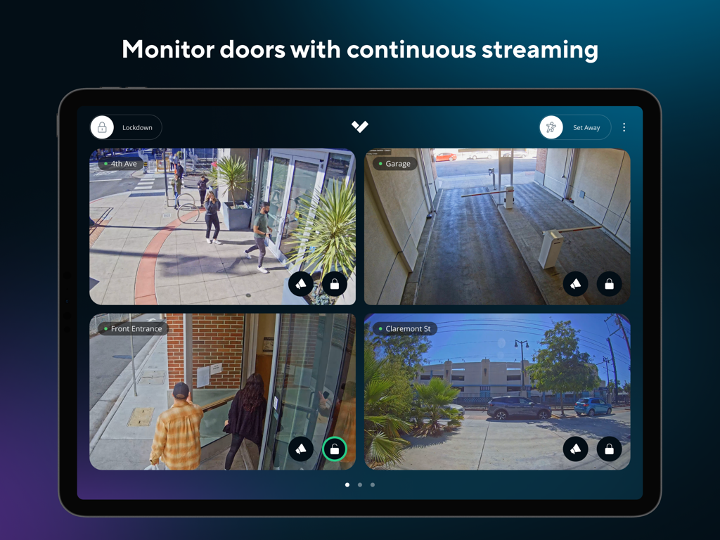 Verkada Desk Station - Interface of Verkada Desk Station on iPad displaying four live security camera feeds and door access controls