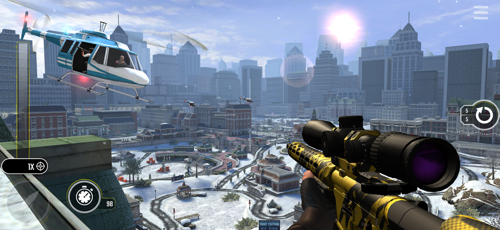 First-person gameplay of Pure Sniper showing a golden sniper rifle aiming at a helicopter in a snowy city.