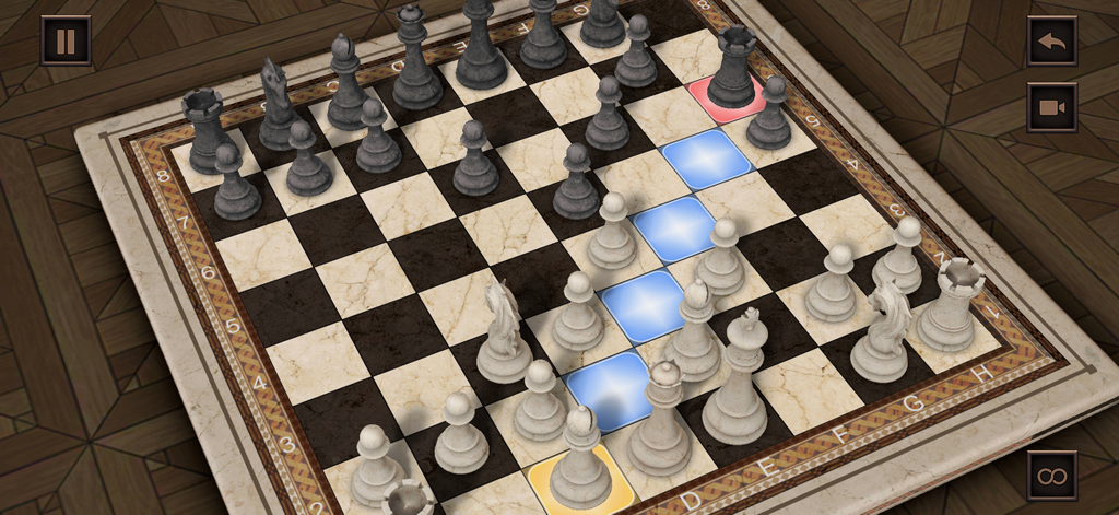 Royal Chess - 3D Chess Game - Un tablero de ajedrez 3D de alta calidad con piezas de mármol que muestran posibles movimientos estratégicos